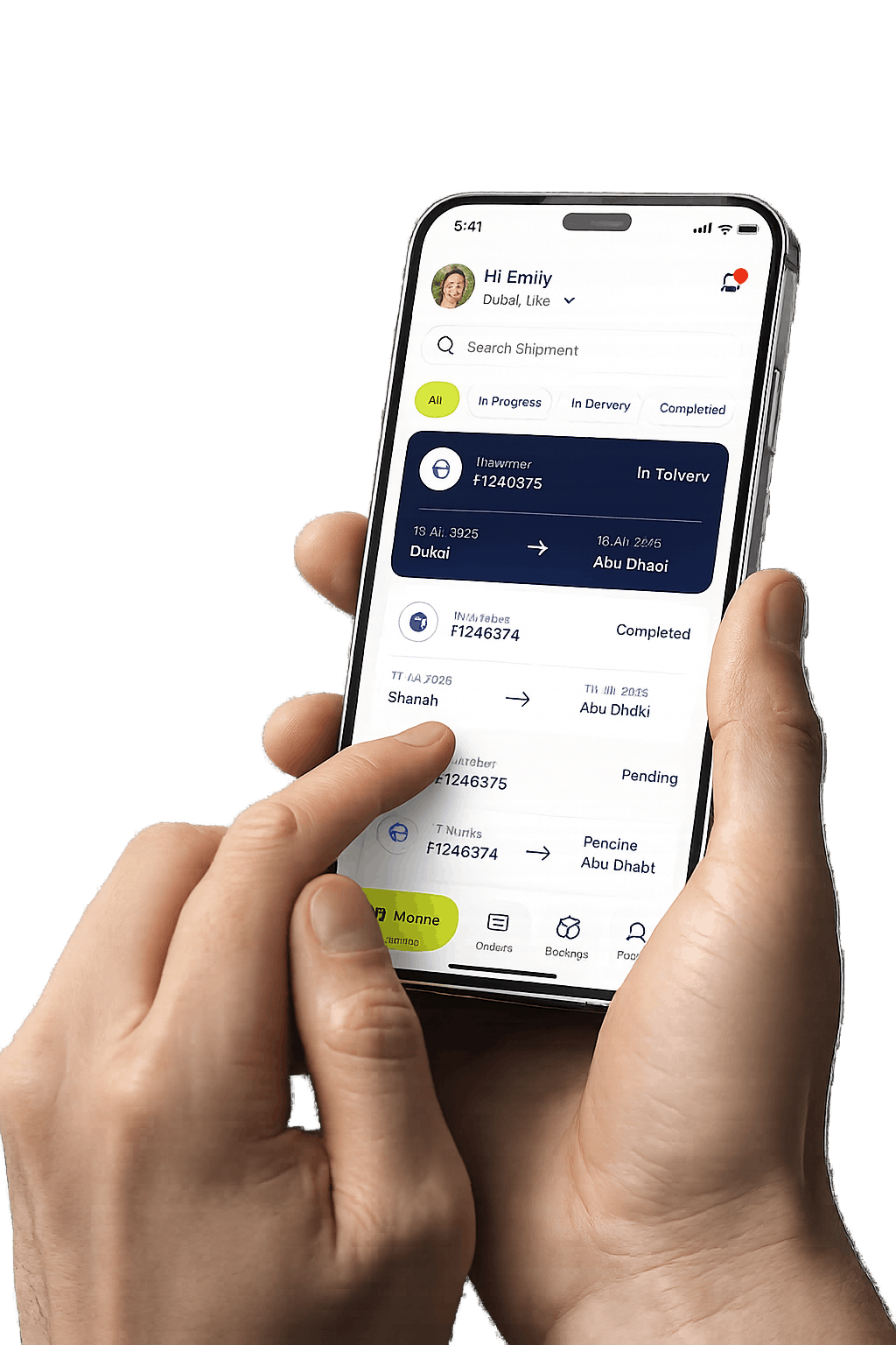 Mobile app showing live chiller van shipment tracking between Dubai and Abu Dhabi