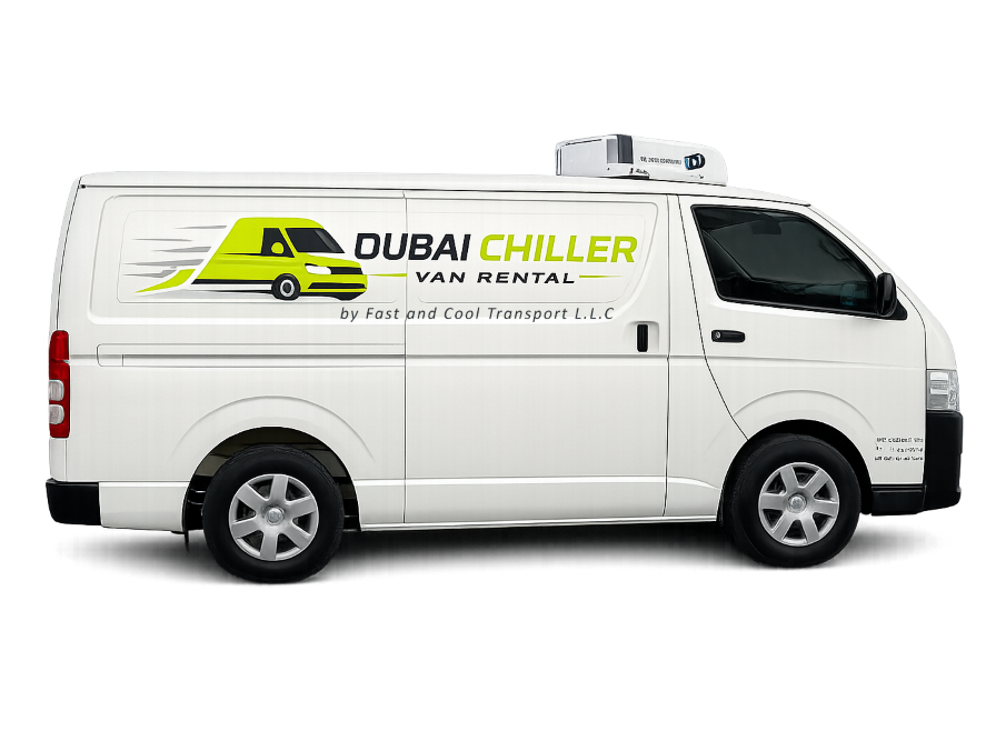 Dubai Chiller Van Rental refrigerated van parked in front of the Dubai skyline
